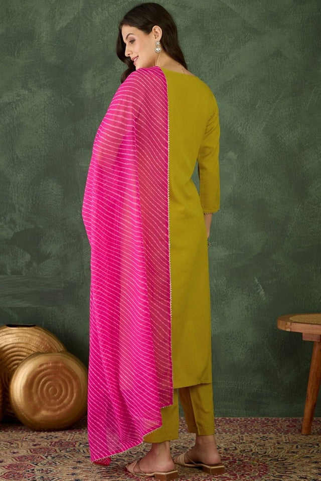 Yellow Embroidered Rayon Kurti Pant Set (AC-782-Yellow)