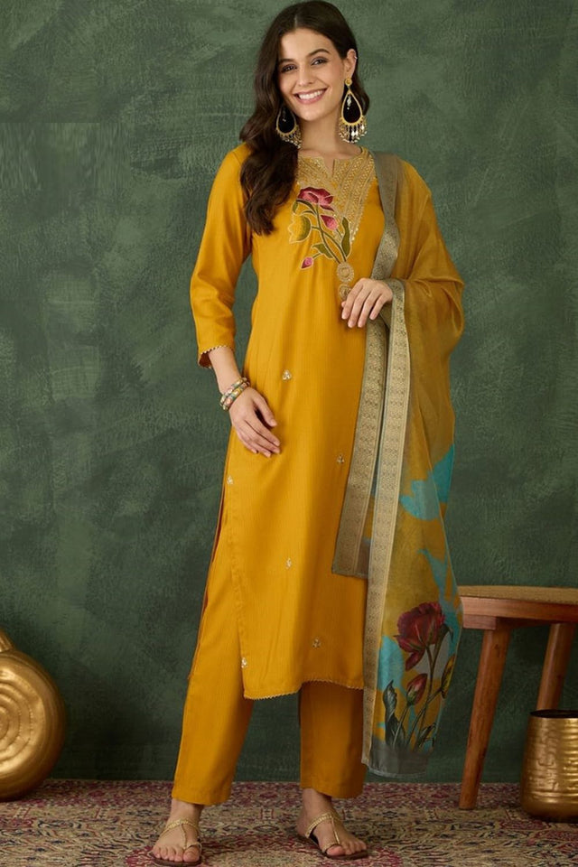 Yellow Embroidered Rayon Kurti Pant Set (AC-802-Yellow)