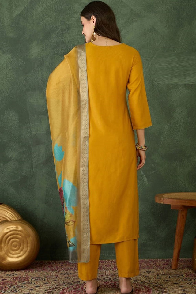 Yellow Embroidered Rayon Kurti Pant Set (AC-802-Yellow)