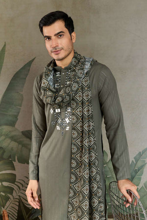 Olive Green Embroidered Viscose Men's Kurta Sets (ACA1237)