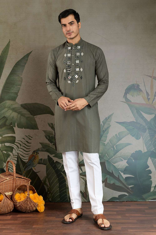 Olive Green Embroidered Viscose Men's Kurta Sets (ACA1237)