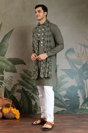 Olive Green Embroidered Viscose Men's Kurta Sets (ACA1237)