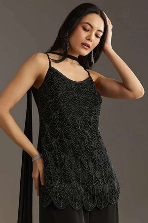 Black Embroidered Georgette Palazzo Suit Set