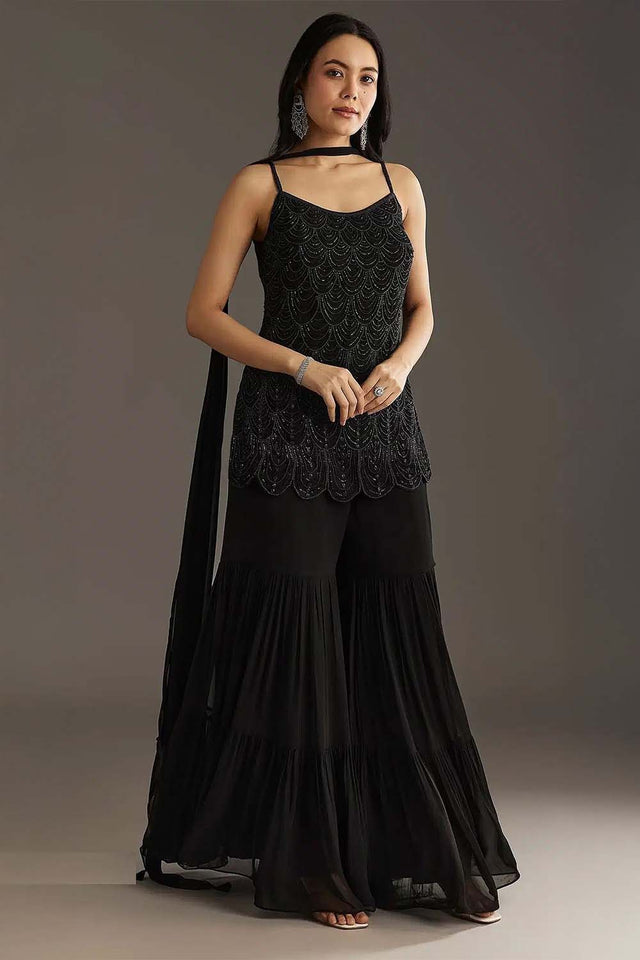 Black Embroidered Georgette Palazzo Suit Set
