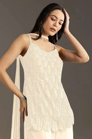 Off White Embroidered Georgette Palazzo Suit Set