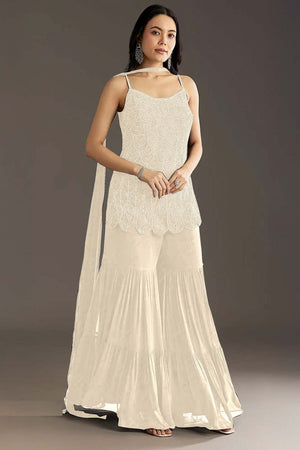 Off White Embroidered Georgette Palazzo Suit Set