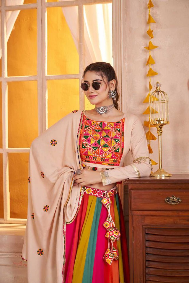 Multi Color Embroidered Cotton Lehenga