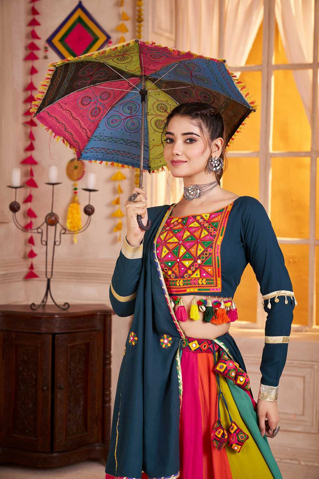 Multi Color Embroidered Cotton Lehenga