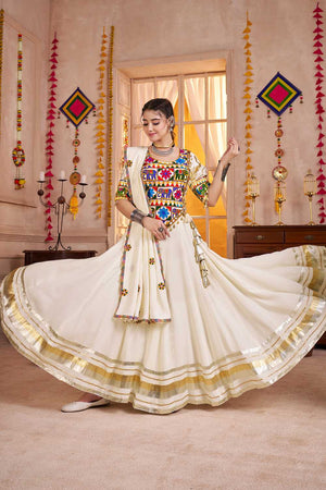 Off White Embroidered Cotton Lehenga