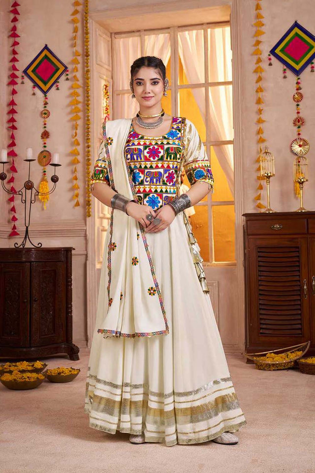Off White Embroidered Cotton Lehenga