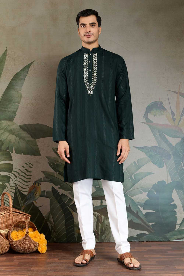 Men's Green Soild Viscose Kurta with Dupatta (ACA1255)