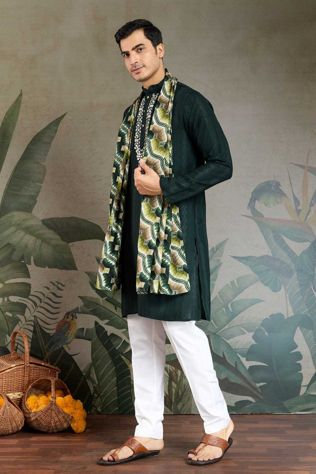 Men's Green Soild Viscose Kurta with Dupatta (ACA1255)