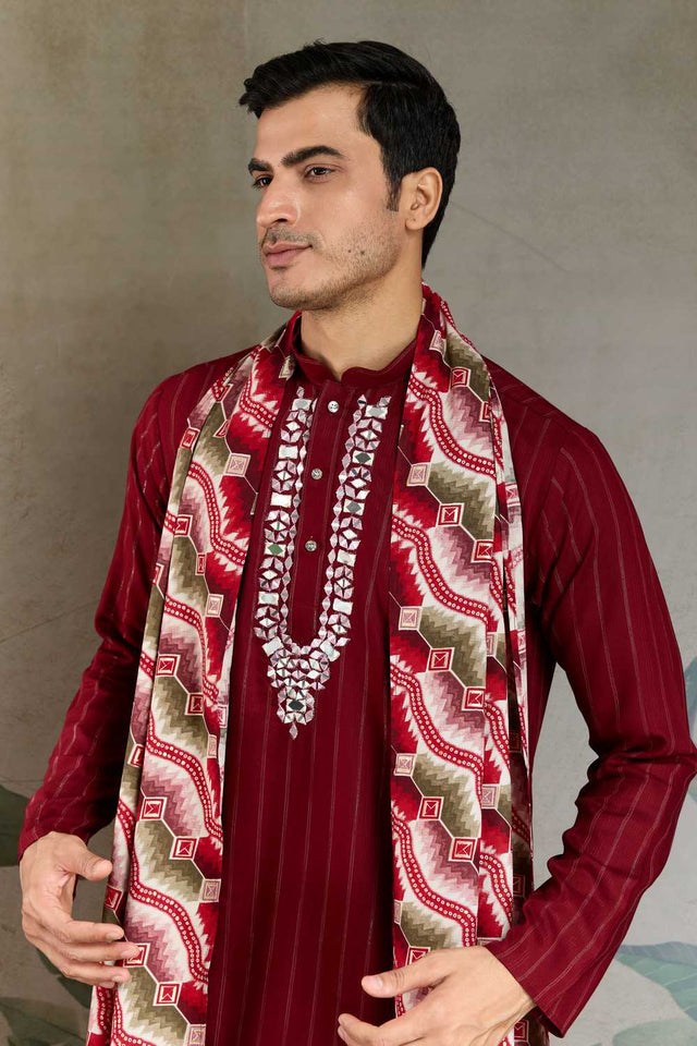 Men's Maroon Striped Viscose Kurta with Dupatta (ACA1256)