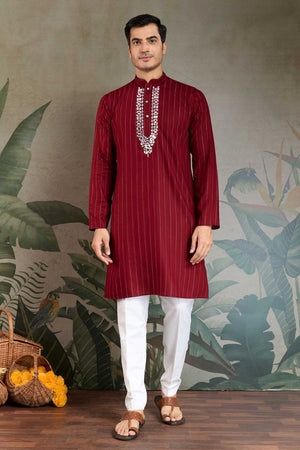 Men's Maroon Striped Viscose Kurta with Dupatta (ACA1256)