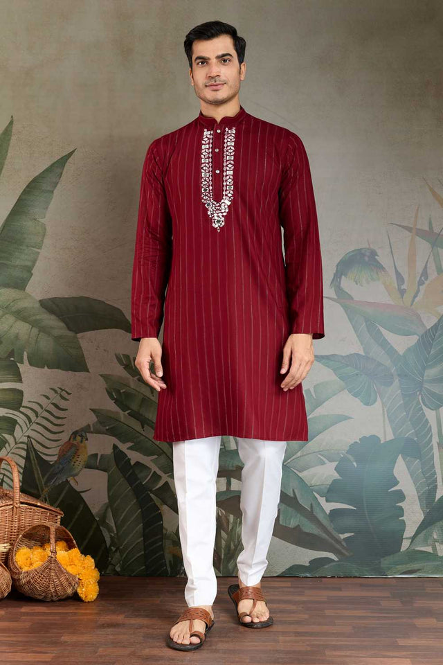 Men's Maroon Striped Viscose Kurta with Dupatta (ACA1256)