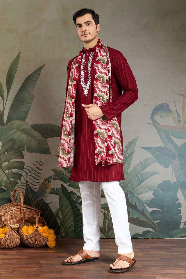 Men's Maroon Striped Viscose Kurta with Dupatta (ACA1256)