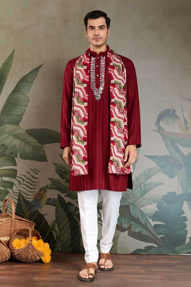 Men's Maroon Striped Viscose Kurta with Dupatta (ACA1256)