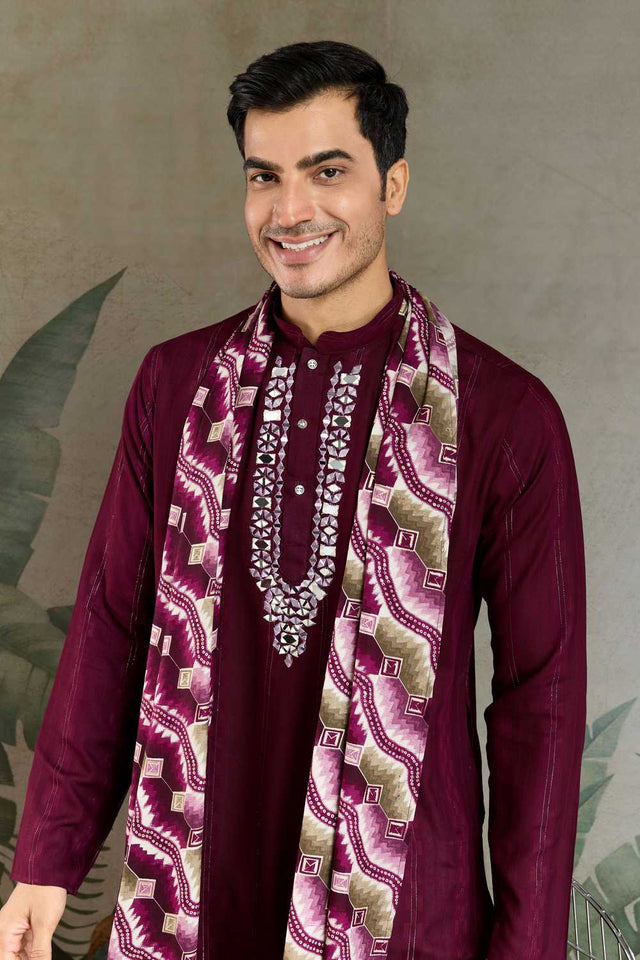 Men's Violet Striped Viscose Kurta with Dupatta (ACA1257)