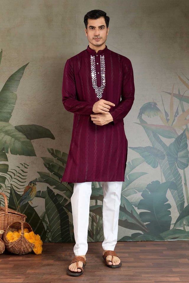 Men's Violet Striped Viscose Kurta with Dupatta (ACA1257)