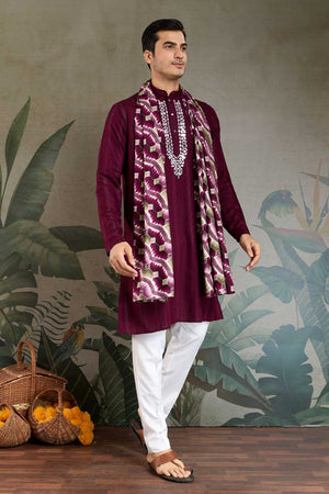 Men's Violet Striped Viscose Kurta with Dupatta (ACA1257)