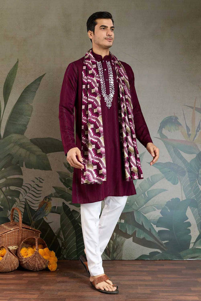 Men's Violet Striped Viscose Kurta with Dupatta (ACA1257)