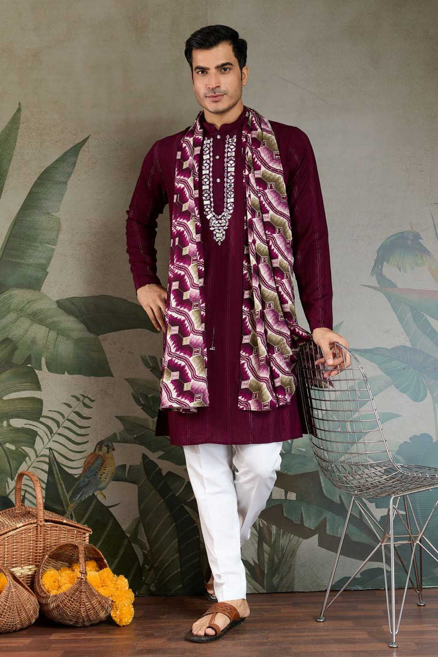 Men's Violet Striped Viscose Kurta with Dupatta (ACA1257)