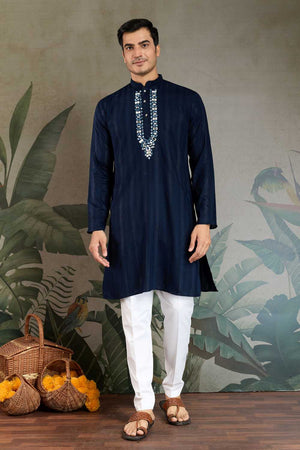 Men's Blue Striped Viscose Kurta with Dupatta (ACA1258)