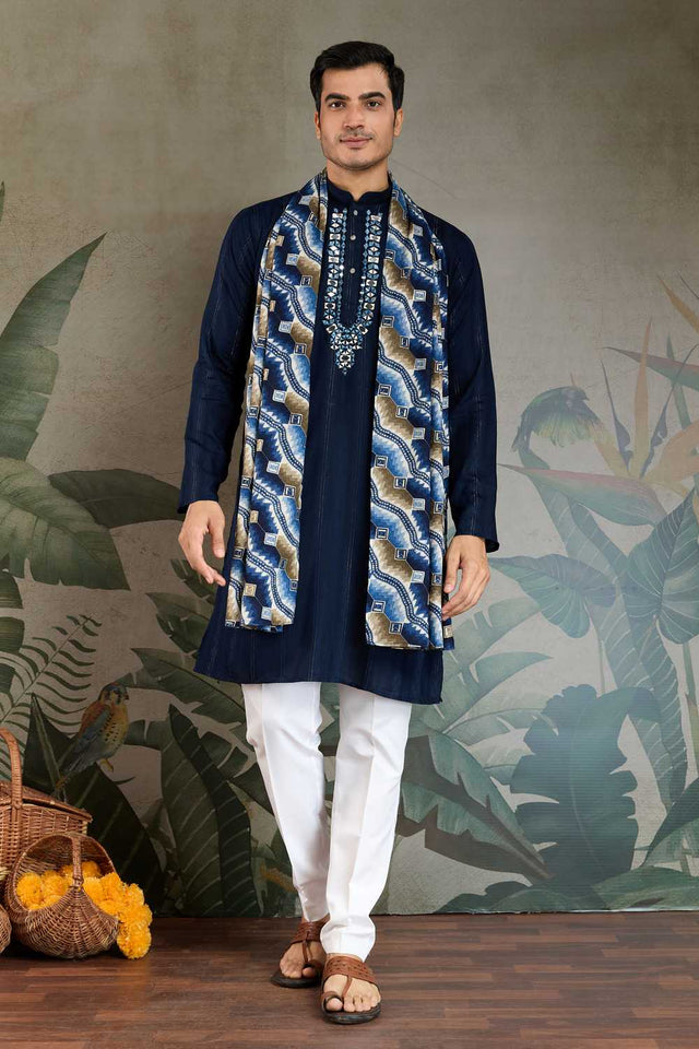 Men's Blue Striped Viscose Kurta with Dupatta (ACA1258)