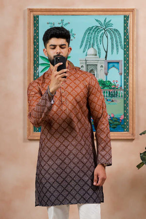 Men's Brown Printed Cotton Kurta with Dupatta