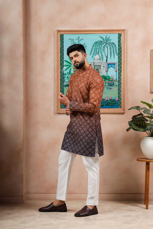 Men's Brown Printed Cotton Kurta with Dupatta