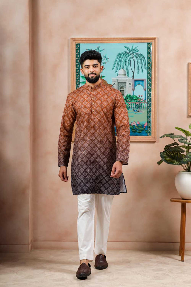 Men's Brown Printed Cotton Kurta with Dupatta