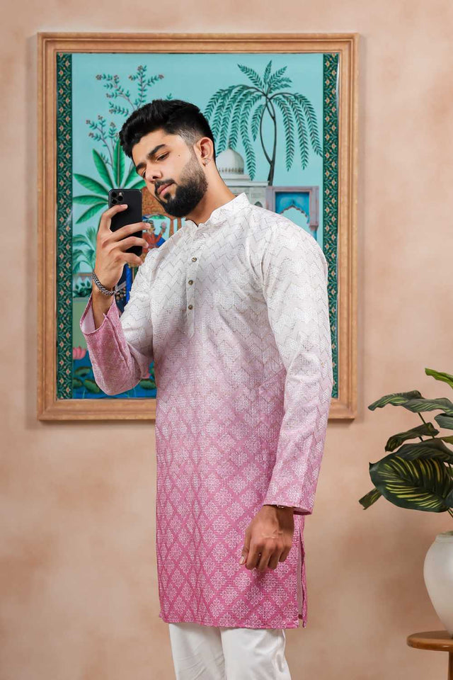 Men's Cream Printed Cotton Kurta with Dupatta