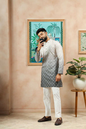 Men's Cream Printed Cotton Kurta with Dupatta