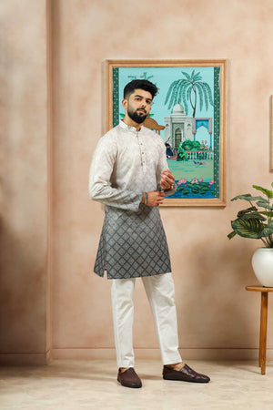 Men's Cream Printed Cotton Kurta with Dupatta