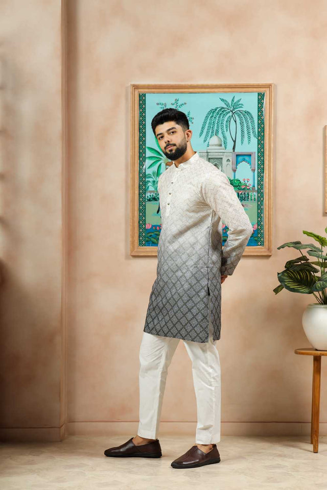 Men's Cream Printed Cotton Kurta with Dupatta