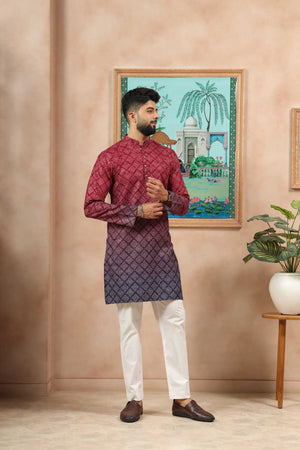 Men's Maroon Printed Cotton Kurta with Dupatta
