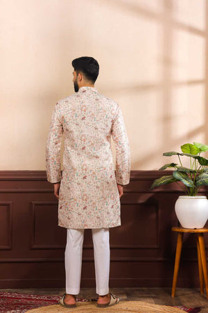 Men's Beige Printed Art Silk Kurta with Dupatta