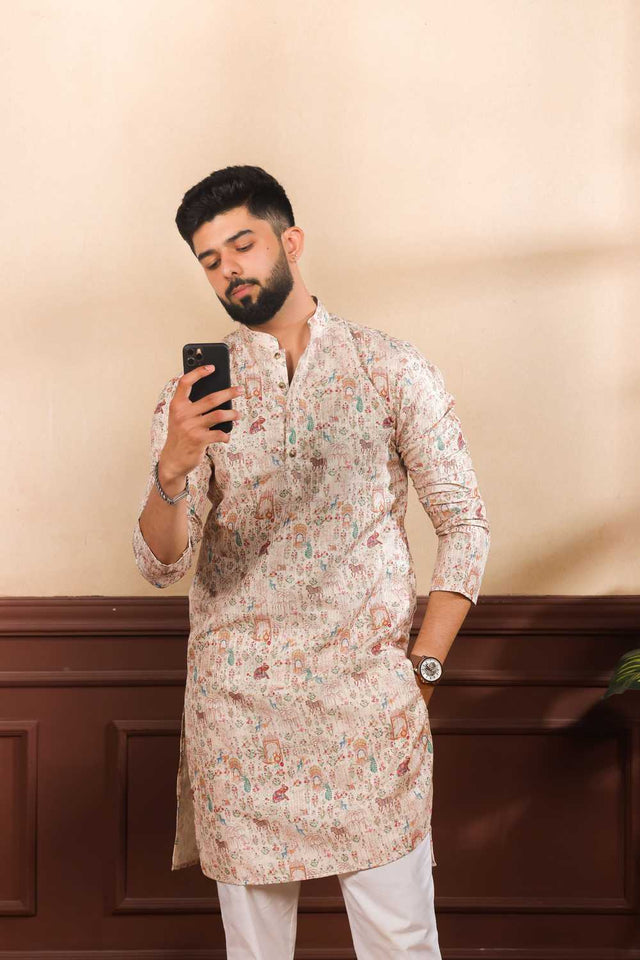 Men's Beige Printed Art Silk Kurta with Dupatta