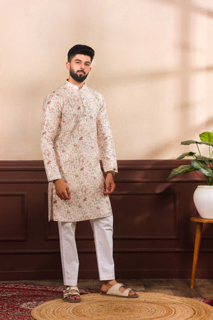 Men's Beige Printed Art Silk Kurta with Dupatta