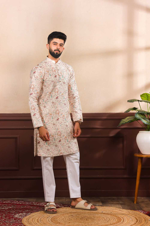 Men's Beige Printed Art Silk Kurta with Dupatta