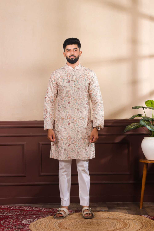 Men's Beige Printed Art Silk Kurta with Dupatta