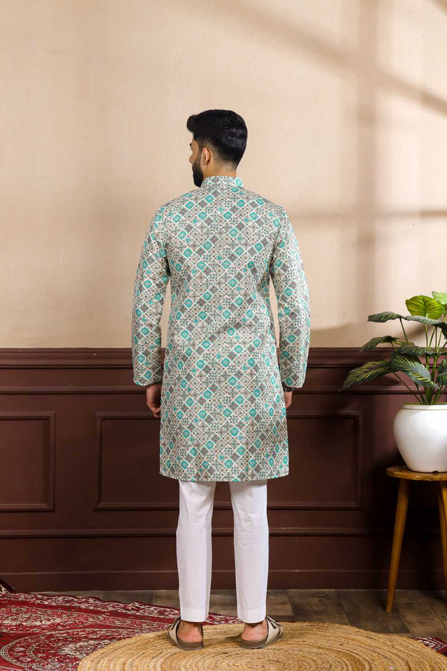 Men's Blue Printed Art Silk Kurta with Dupatta