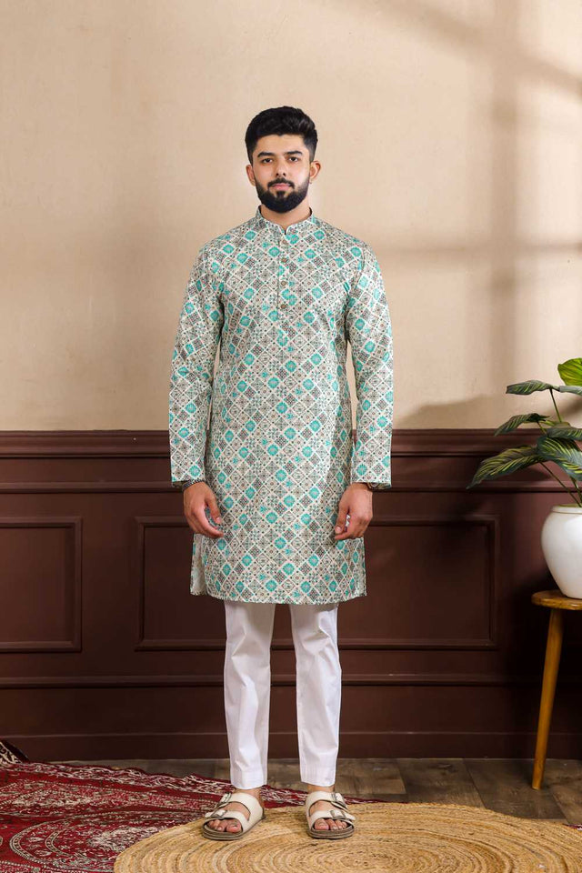 Men's Blue Printed Art Silk Kurta with Dupatta