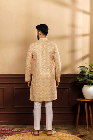 Men's Mustard Printed Art Silk Kurta with Dupatta