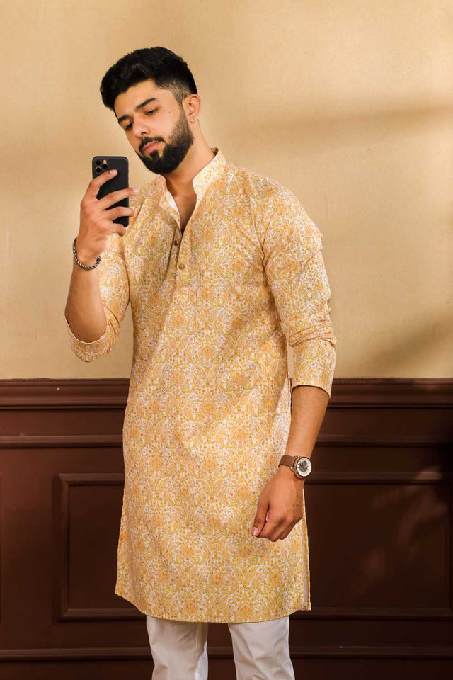 Men's Mustard Printed Art Silk Kurta with Dupatta