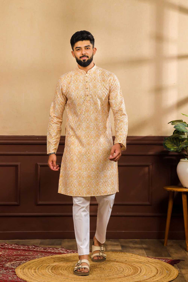 Men's Mustard Printed Art Silk Kurta with Dupatta