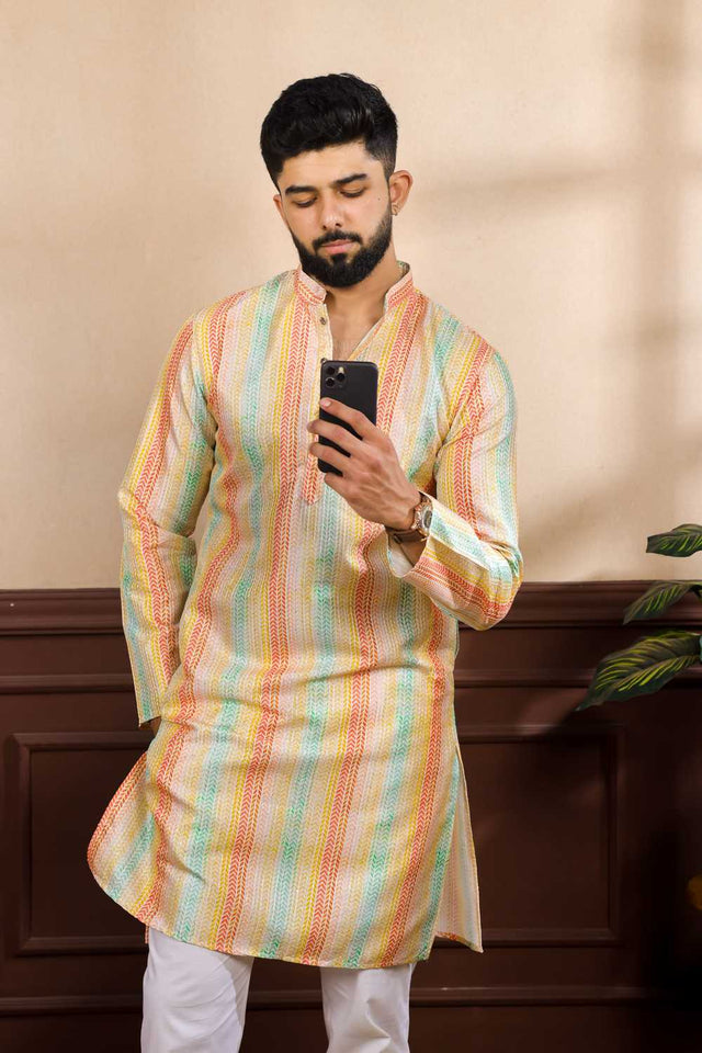 Men's Multi Color Printed Art Silk Kurta with Dupatta