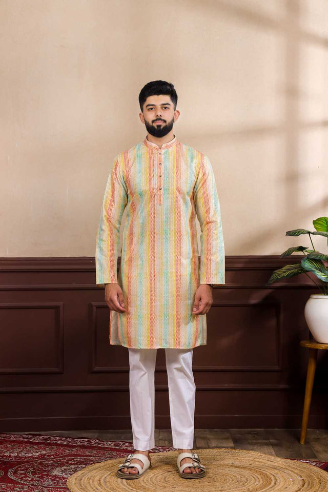 Men's Multi Color Printed Art Silk Kurta with Dupatta