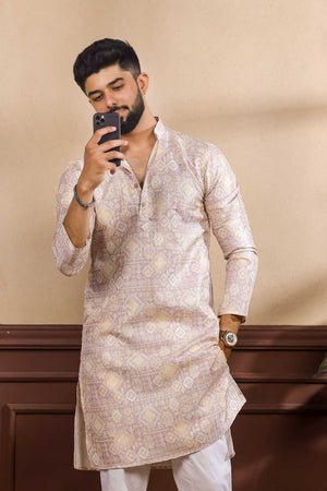 Men's Lavender Printed Art Silk Kurta with Dupatta