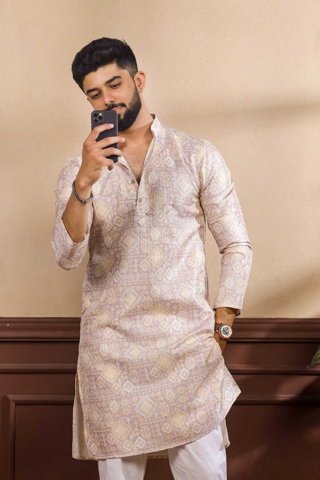 Men's Lavender Printed Art Silk Kurta with Dupatta